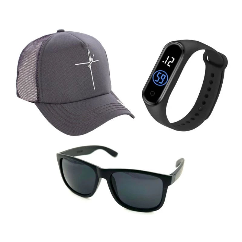 Óculos de Sol Masculino Clássico + Boné Fé+ Relógio Esportivo Você Escolhe a Cor