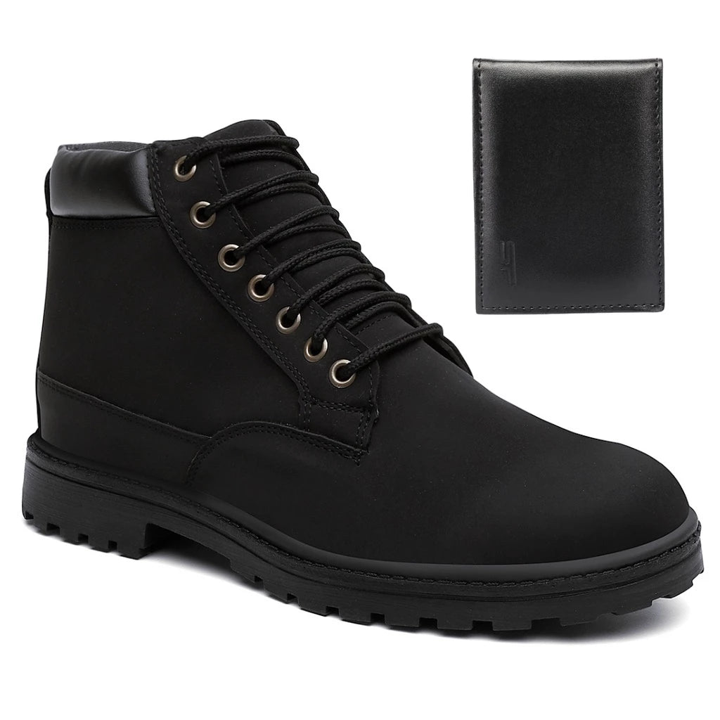 Bota Coturno Masculino com Cadarço Solado Borracha Anti Derrapante Couro Ecológico + Brinde Carteira Preta Básica