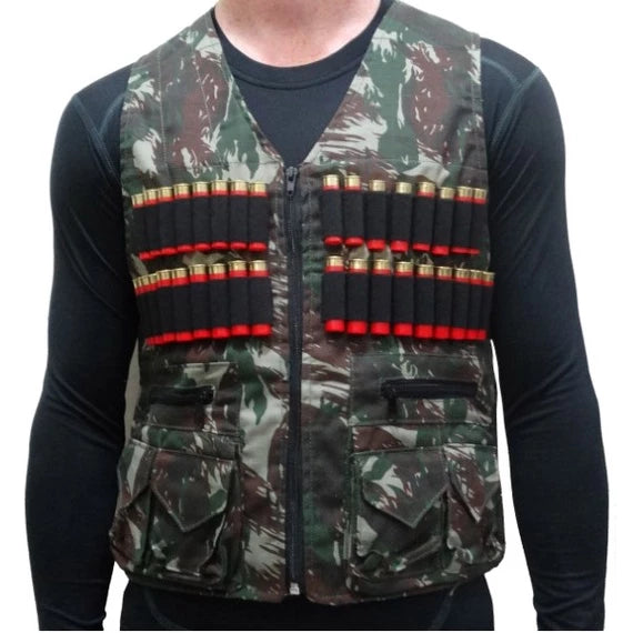 Colete de Caça / Pesca / Tiro Camuflado Rip Stop Reforçado Especial Com Cartucheira Cal 12 ao 36