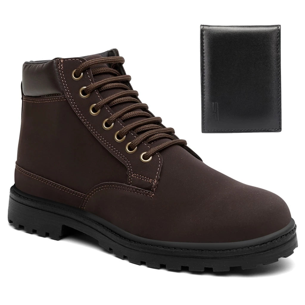 Bota Coturno Masculino com Cadarço Solado Borracha Anti Derrapante Couro Ecológico + Brinde Carteira Preta Básica