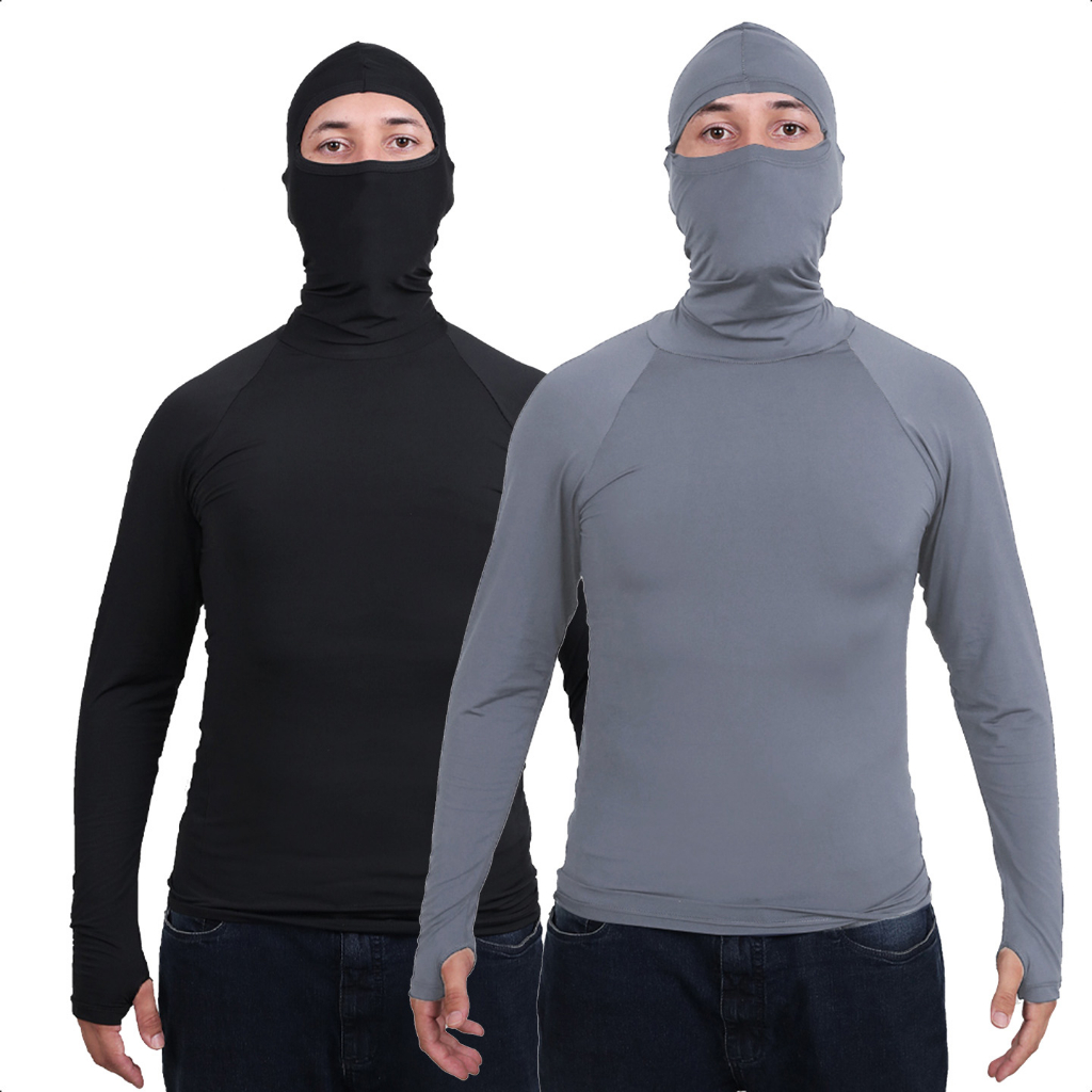 Kit 2 Segunda Pele Camisa Térmica Anti Frio Térmica Touca Ninja Frio Proteção Solar
