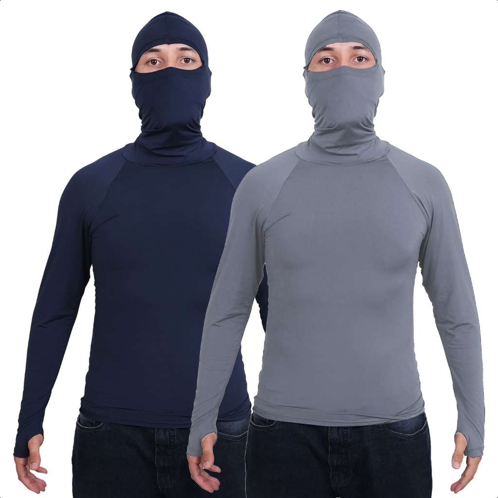 Kit 2 Segunda Pele Camisa Térmica Anti Frio Térmica Touca Ninja Frio Proteção Solar