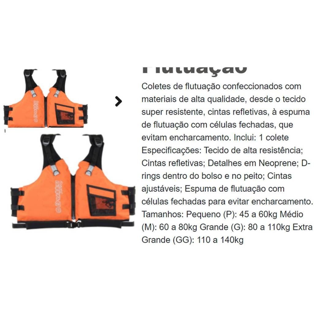 Colete Flutuação Salva Vidas Brudden Náutica Tamanho G para caiaque canoas varias cores