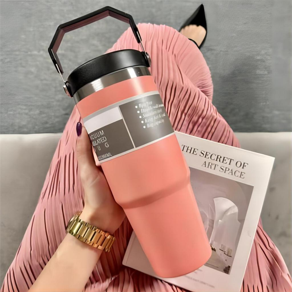 Garrafa Térmica 900ML Com Alça Flip Tumbl Aço Inoxidável Isolamento Térmico Com Canudo P/ Academia Trabalho Caminhada