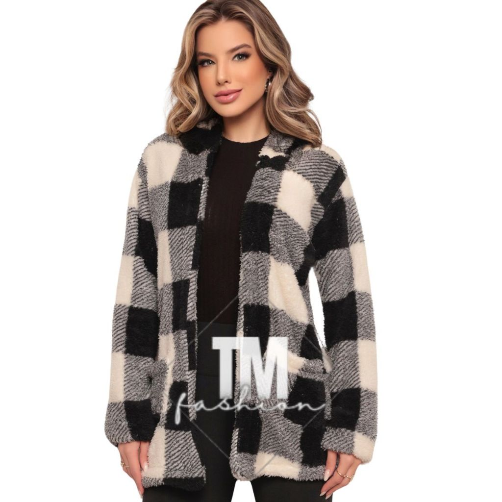 Casaco Feminino Teddy Xadrez Longo Ted Tedy Inverno Pelo de Carneiro Junina