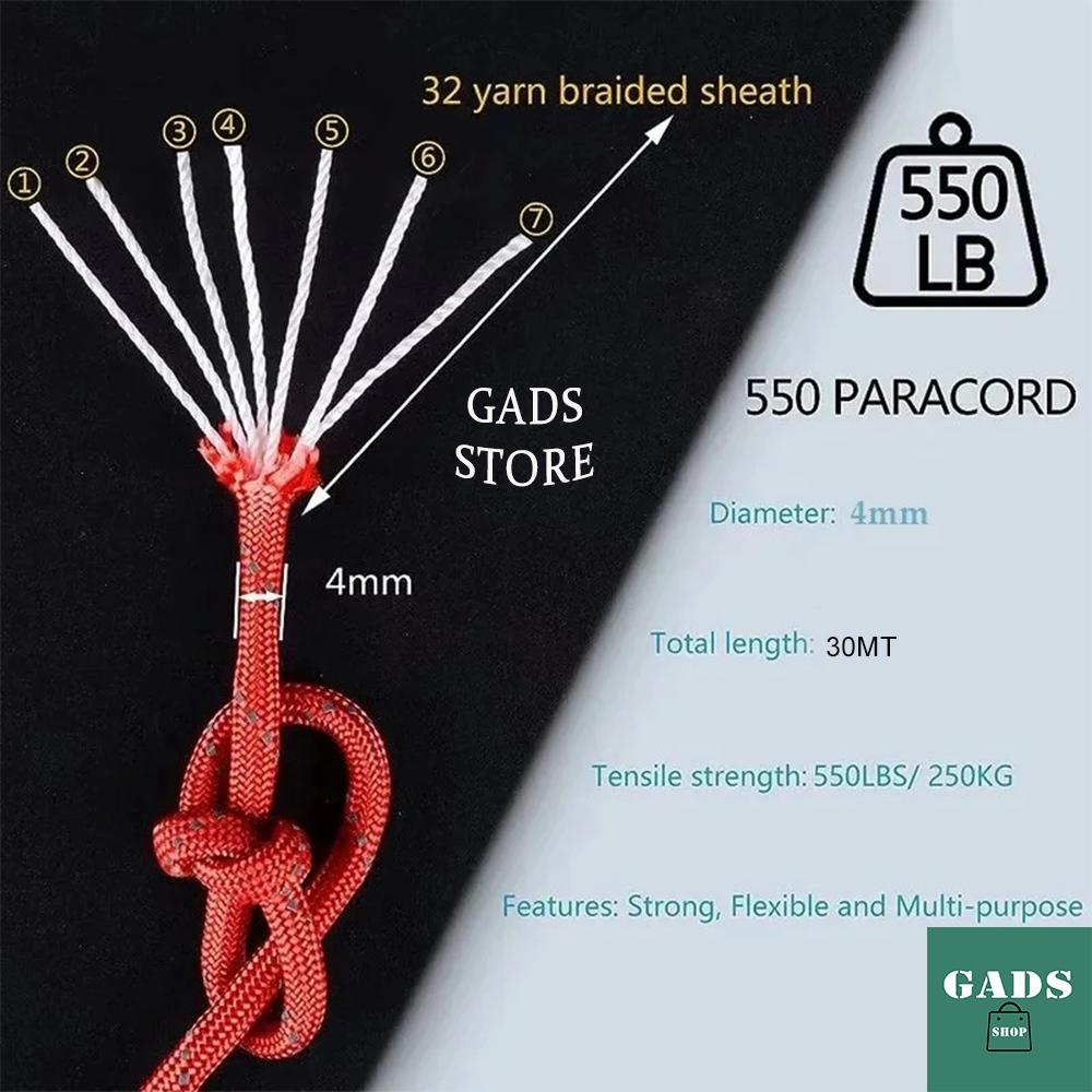 Corda Outdoor Paracord 550 4mm com 7 Filamentos 30 Mt Trekking Camping Pesca Caminhada