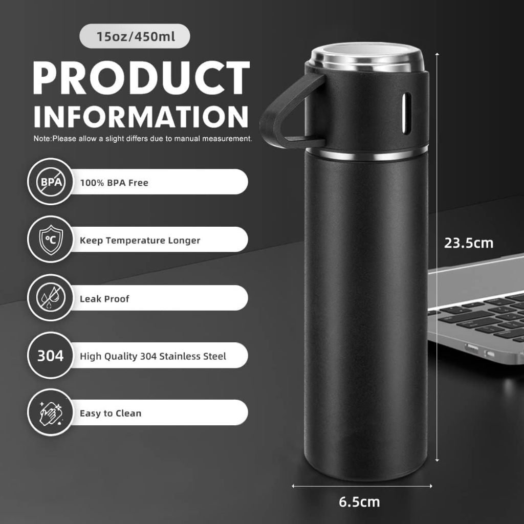 caneca Kit Garrafa Térmica Vacuum Bottle Inox 500ml 3 Xícaras para Bebidas Quentes ou Frias Presente de Dia dos Pais