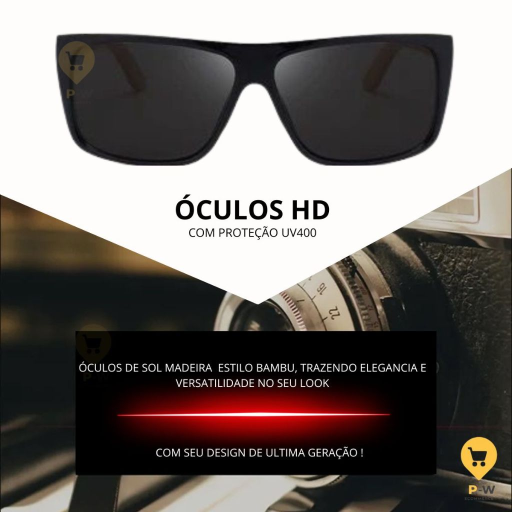 Óculos de Sol Madeira Bambu Premium Masculino Quadrado Verão