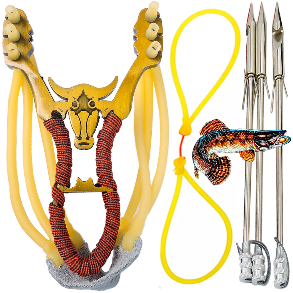 Atiradeira S28 PESCA + 2 Borrachas + 3 Setas Estilingue Slingshot Corpo em Metal Baladeira Bodoque