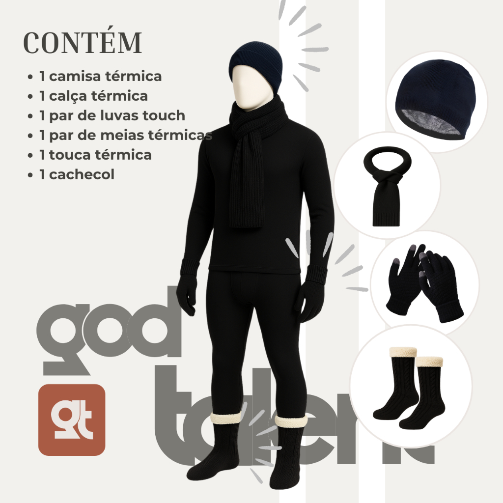 Kit Frio Blusa + Calca Térmica Luvas Meias Touca E Cachecol