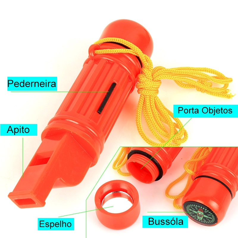 Apito de obrevivência Emergência 5 em 1. porta objetos Espelho Pederneira Apito Bussóla.29x120mm