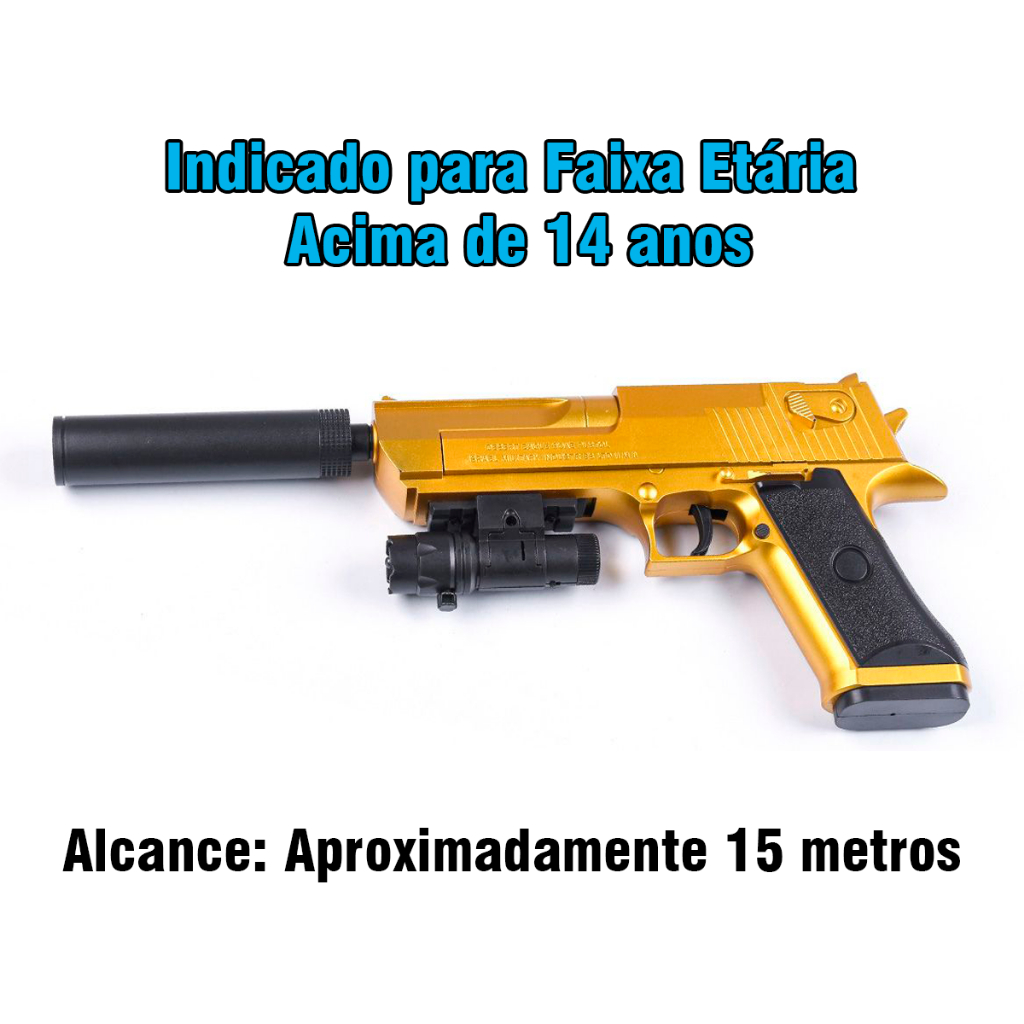 Arminha Bolinha Gel Desert Eagle Glock Automatica Eletrica Pente Alongado Com Lanterna e Silenciador