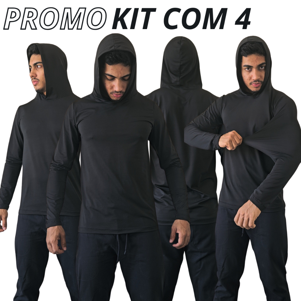 KIT de 4 Camisas Térmicas Dry Fit UV 50+ Com Capuz tamanho P ao G4 Extra Grande
