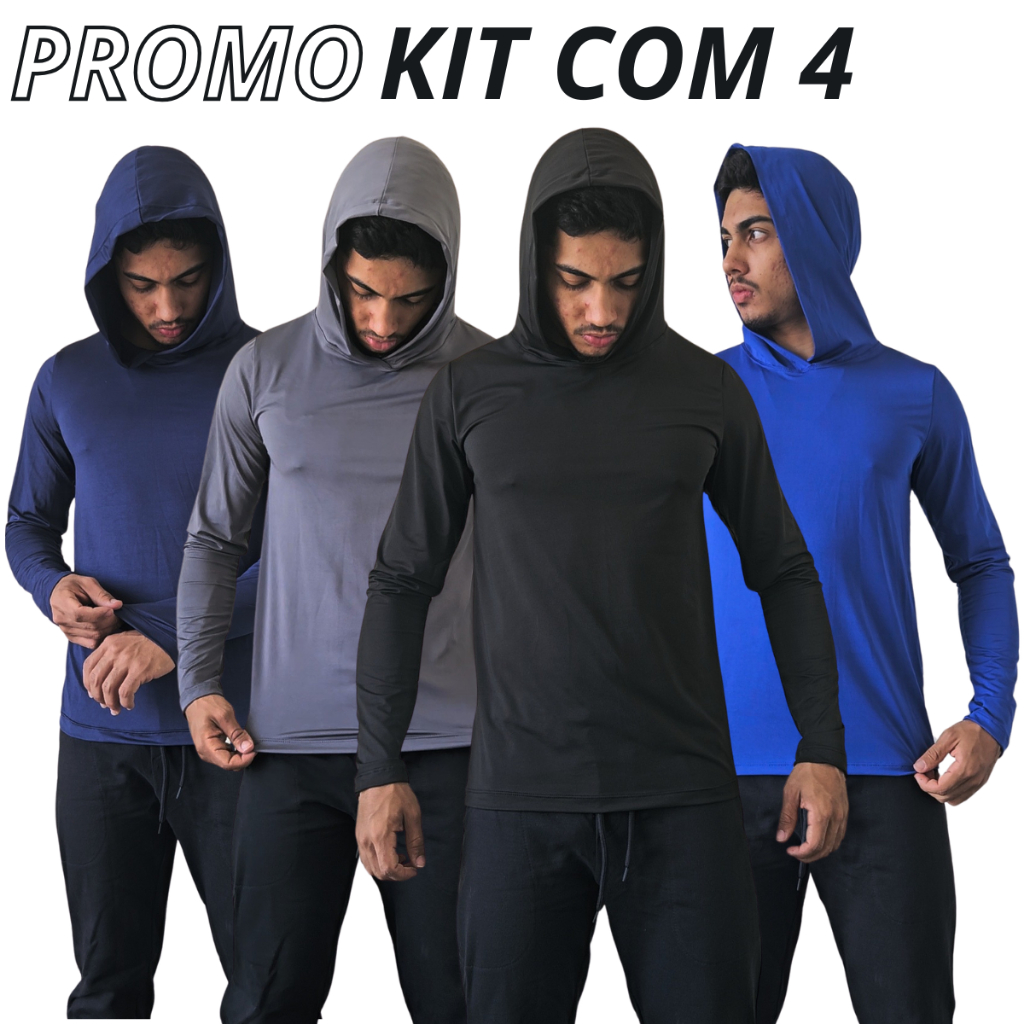 KIT de 4 Camisas Térmicas Dry Fit UV 50+ Com Capuz tamanho P ao G4 Extra Grande