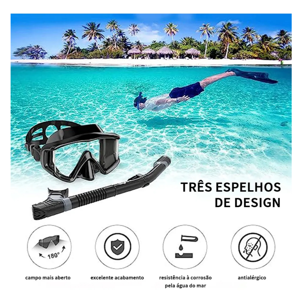 Kit Mergulho Máscara Respirador Snorkel Profissional Adulto
