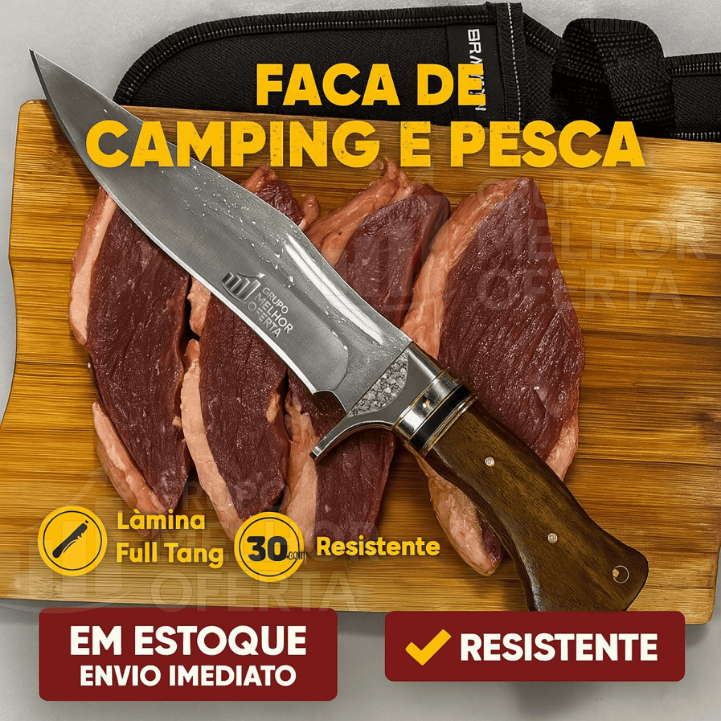 Faca Tática Camping e Pesca Full Tang 30cm Inox com Cabo de Madeira e Bainha Reforçada