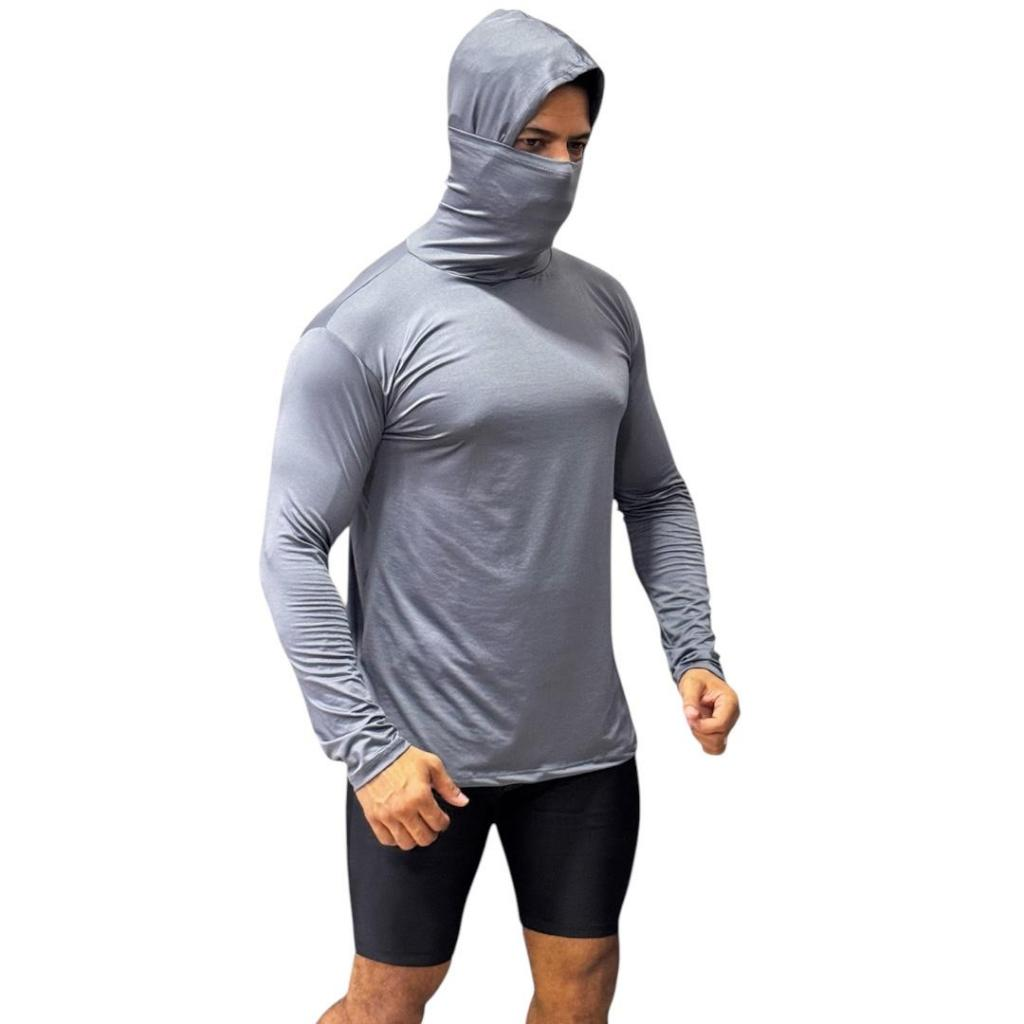 Camisa Térmica Masculina Manga Longa Com Capuz e Balaclava Touca Ninja Proteção Solar e Frio