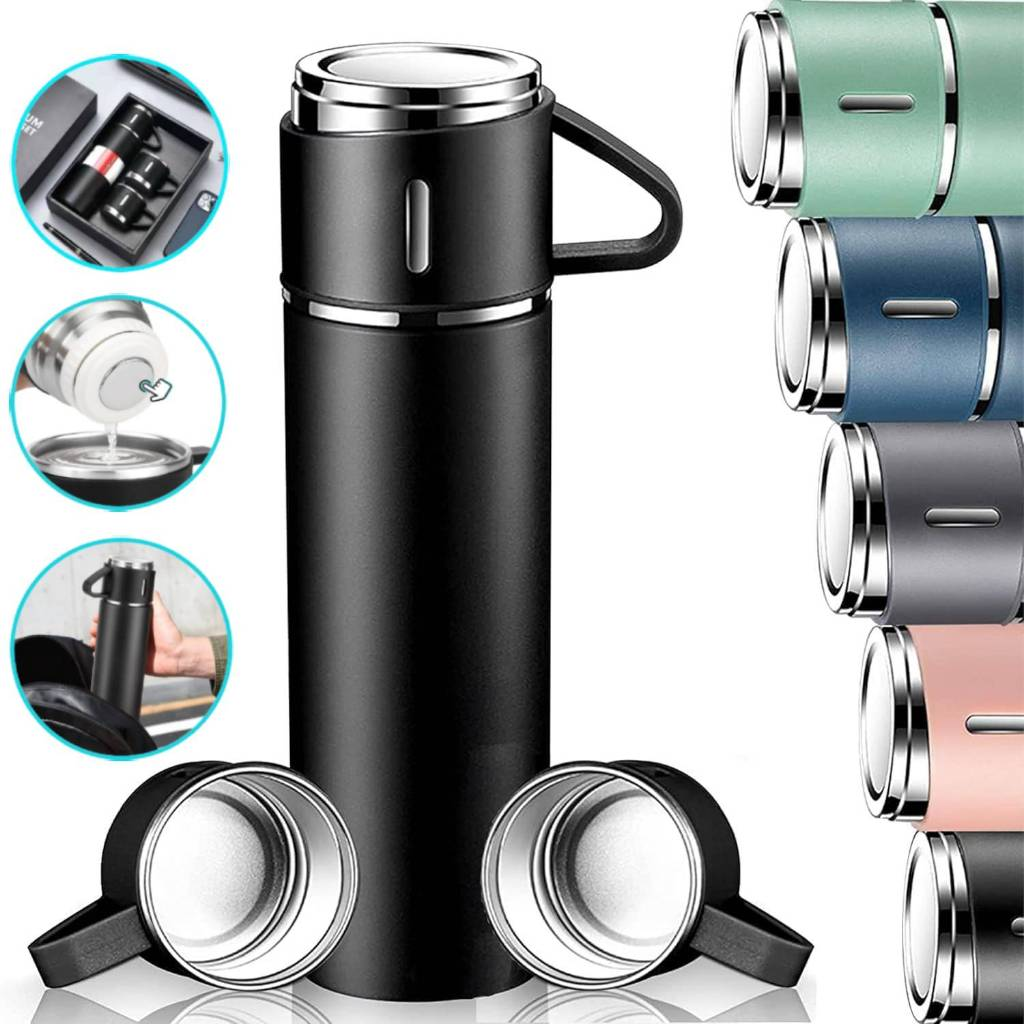 caneca Kit Garrafa Térmica Vacuum Bottle Inox 500ml 3 Xícaras para Bebidas Quentes ou Frias Presente de Dia dos Pais