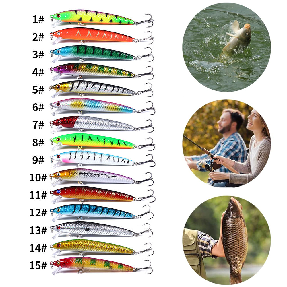 Kit 15 Iscas Artificiais Importadas 1/2 Meia Água de 9 cms e 8,5 gramas Pesca Truta Peixe Realista Anzol Duplo