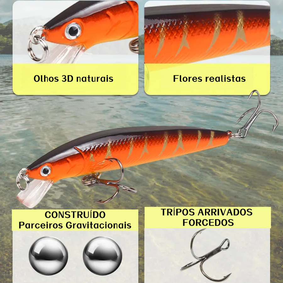 Kit 15 Iscas Artificiais Importadas 1/2 Meia Água de 9 cms e 8,5 gramas Pesca Truta Peixe Realista Anzol Duplo