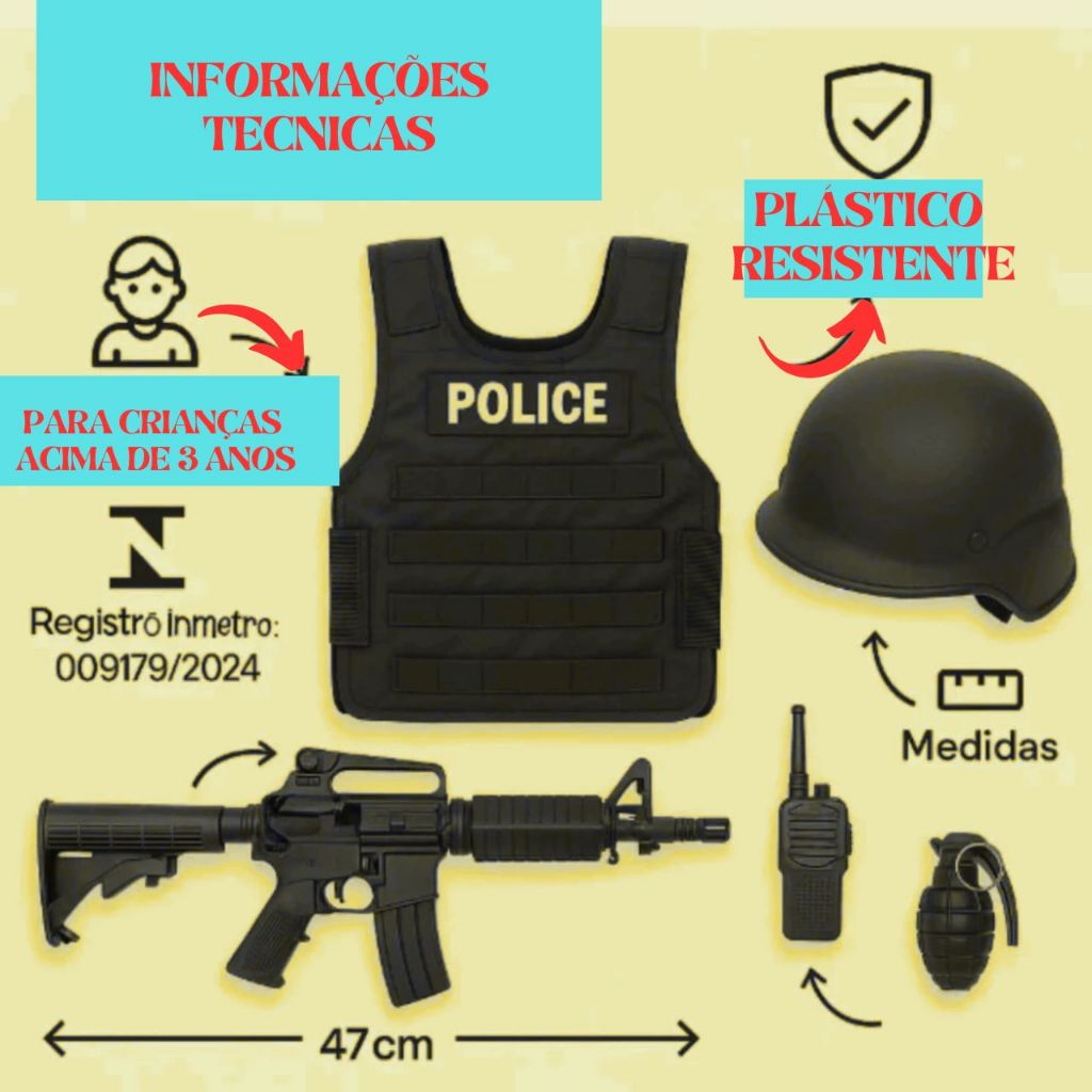 Brinquedo Kit Policial Colete com Rifle e Acessórios - Preto