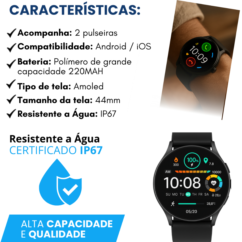Relógio Smartwatch Inteligente Resistente a Água Com 2 Pulseiras