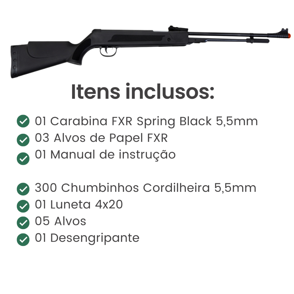 Carabina de Pressão Spring Black 5,5mm FXR + ESCOLHA SEU KIT