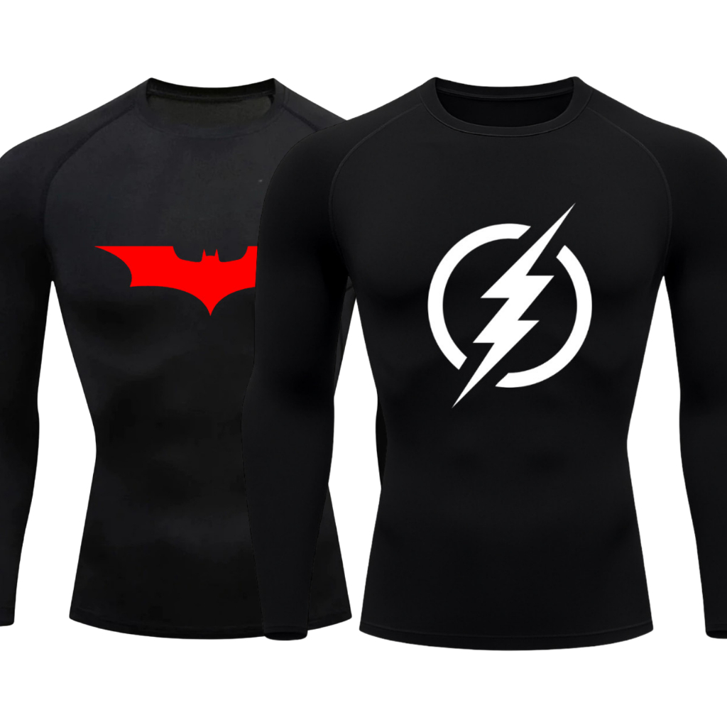 Kit 2 Camisetas Compressão Manga Longa Heróis Batman e Homem Aranha Camisa Proteção UV Masculina