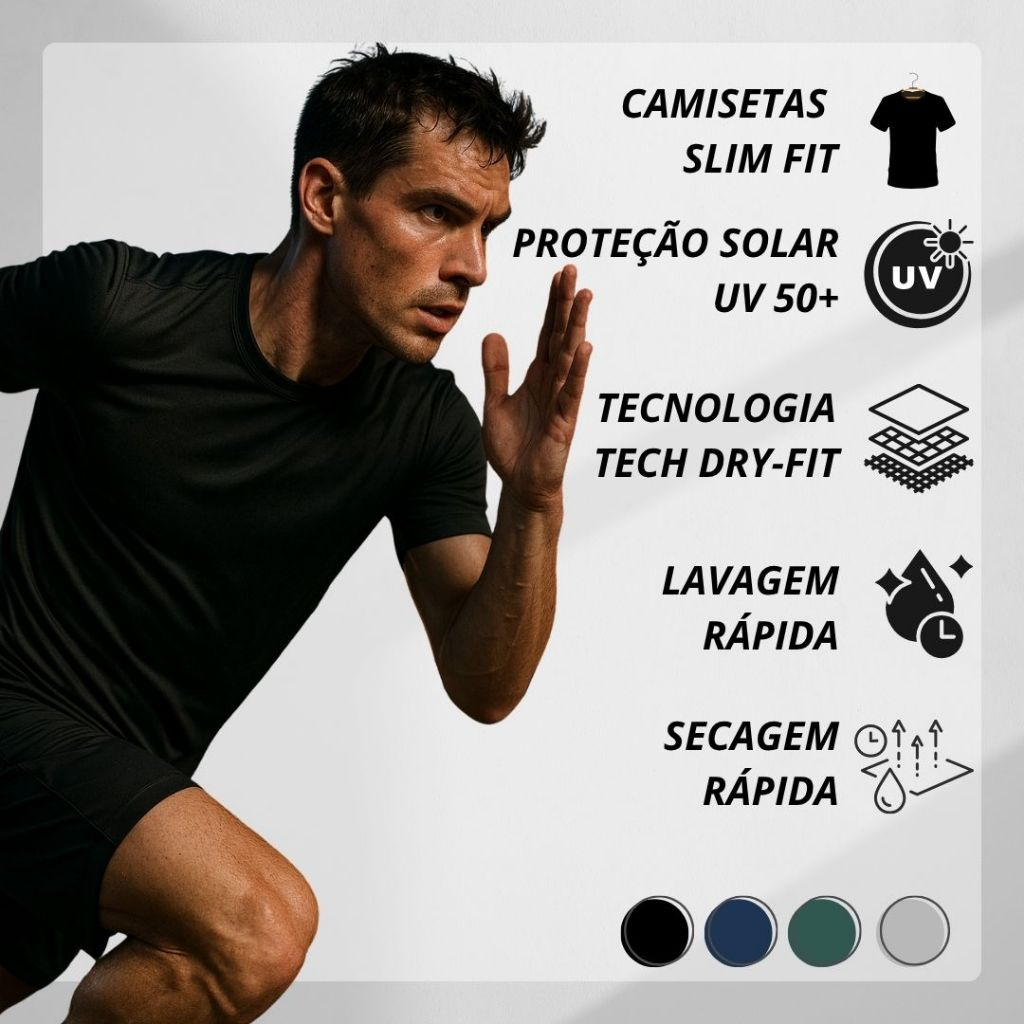 Camiseta Masculina Dry Fit Básica Slim Fit com proteção UV para Treino e Dia a Dia ( ver kits )