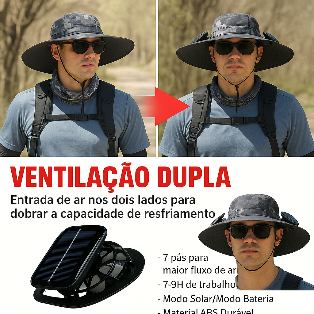 Chapéu Solar com 2 Ventiladores | Aba Larga e Proteção UV | Ideal para Pesca, Camping, Praia e Atividades ao Ar Livre
