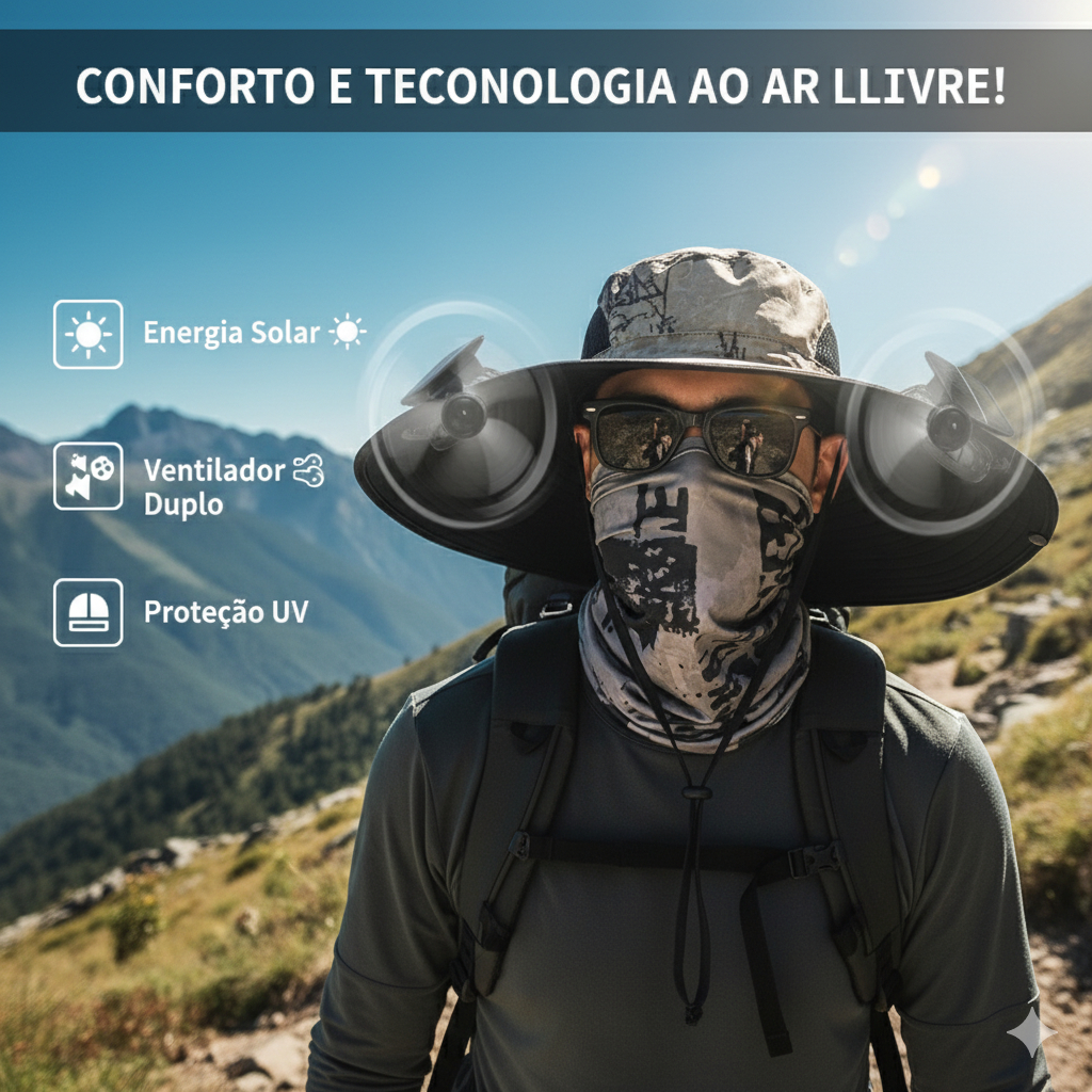 Chapéu Solar com 2 Ventiladores | Aba Larga e Proteção UV | Ideal para Pesca, Camping, Praia e Atividades ao Ar Livre