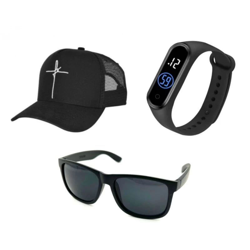 Óculos de Sol Masculino Clássico + Boné Fé+ Relógio Esportivo Você Escolhe a Cor