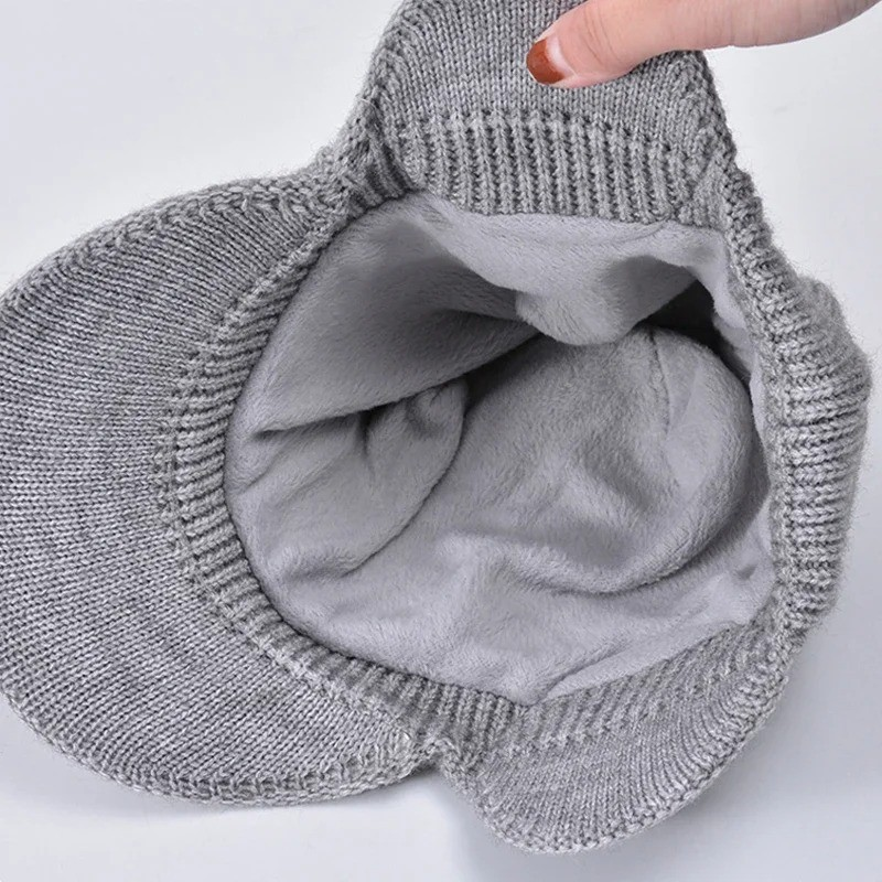 Gorros Skullies Masculinos Com Viseira Para O Calor Inverno Malha Earmuffs Grosso Lã Forrado Crânio Esqui Boné De Beiseb