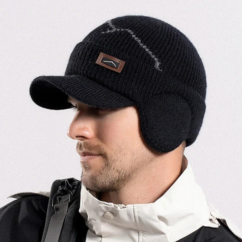 Gorros Skullies Masculinos Com Viseira Para O Calor Inverno Malha Earmuffs Grosso Lã Forrado Crânio Esqui Boné De Beiseb