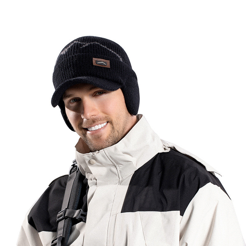 Gorros Skullies Masculinos Com Viseira Para O Calor Inverno Malha Earmuffs Grosso Lã Forrado Crânio Esqui Boné De Beiseb