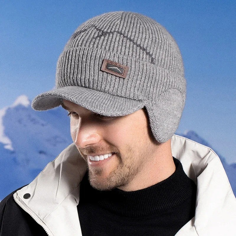 Gorros Skullies Masculinos Com Viseira Para O Calor Inverno Malha Earmuffs Grosso Lã Forrado Crânio Esqui Boné De Beiseb