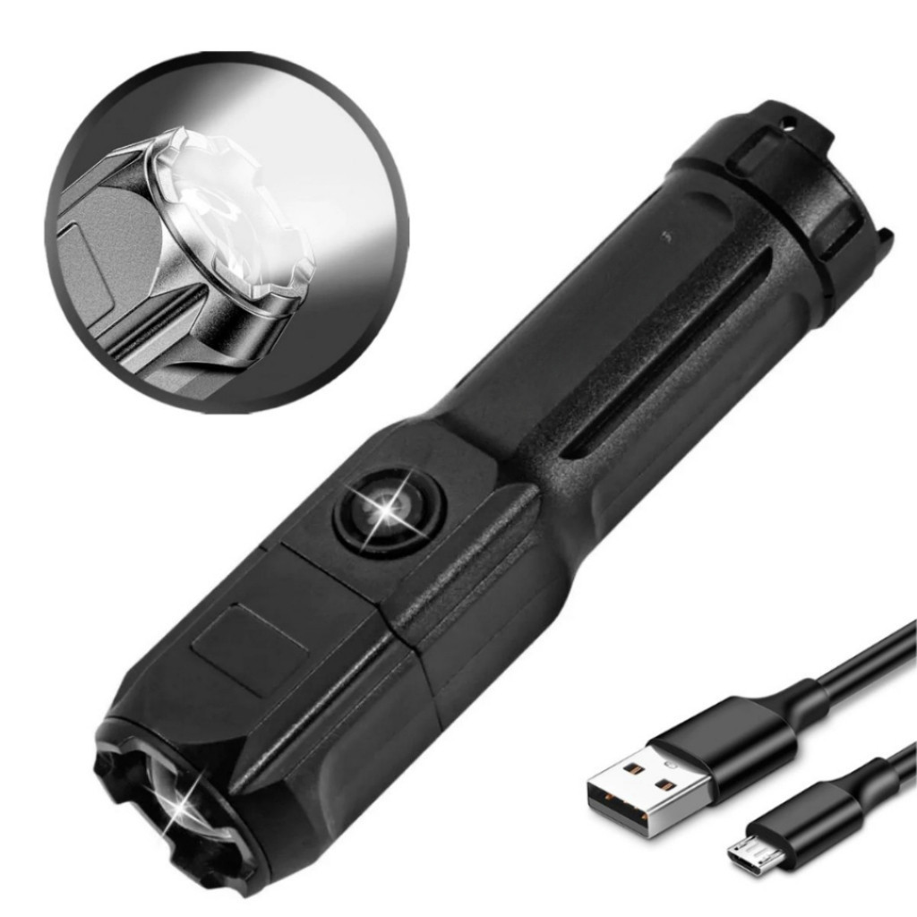 Lanterna Tática Potente Recarregável USB Led Luz Forte Com Zoom Direcional Resistente A Água