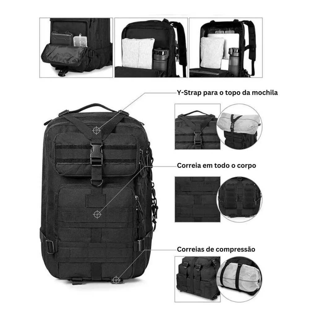 Mochila Militar Tática 40l Impermeável Grande Camping Litros Reforçada com Bandeira Masculina Feminina