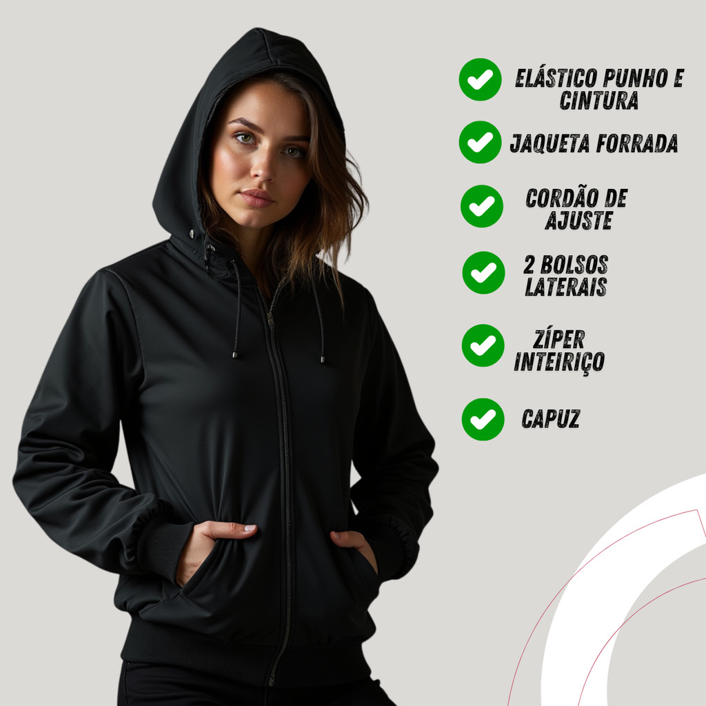 Jaqueta Agasalho corta vento feminino branco de frio forrado com punho touca capuz