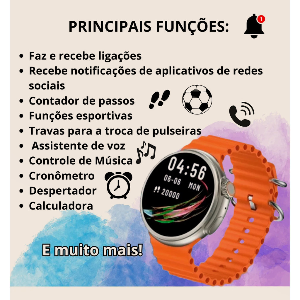 Smartwatch GT 10 48mm Bluetooth Chamadas e Controle de Música Tela 1.52” Acompanha 8 Pulseiras JZ