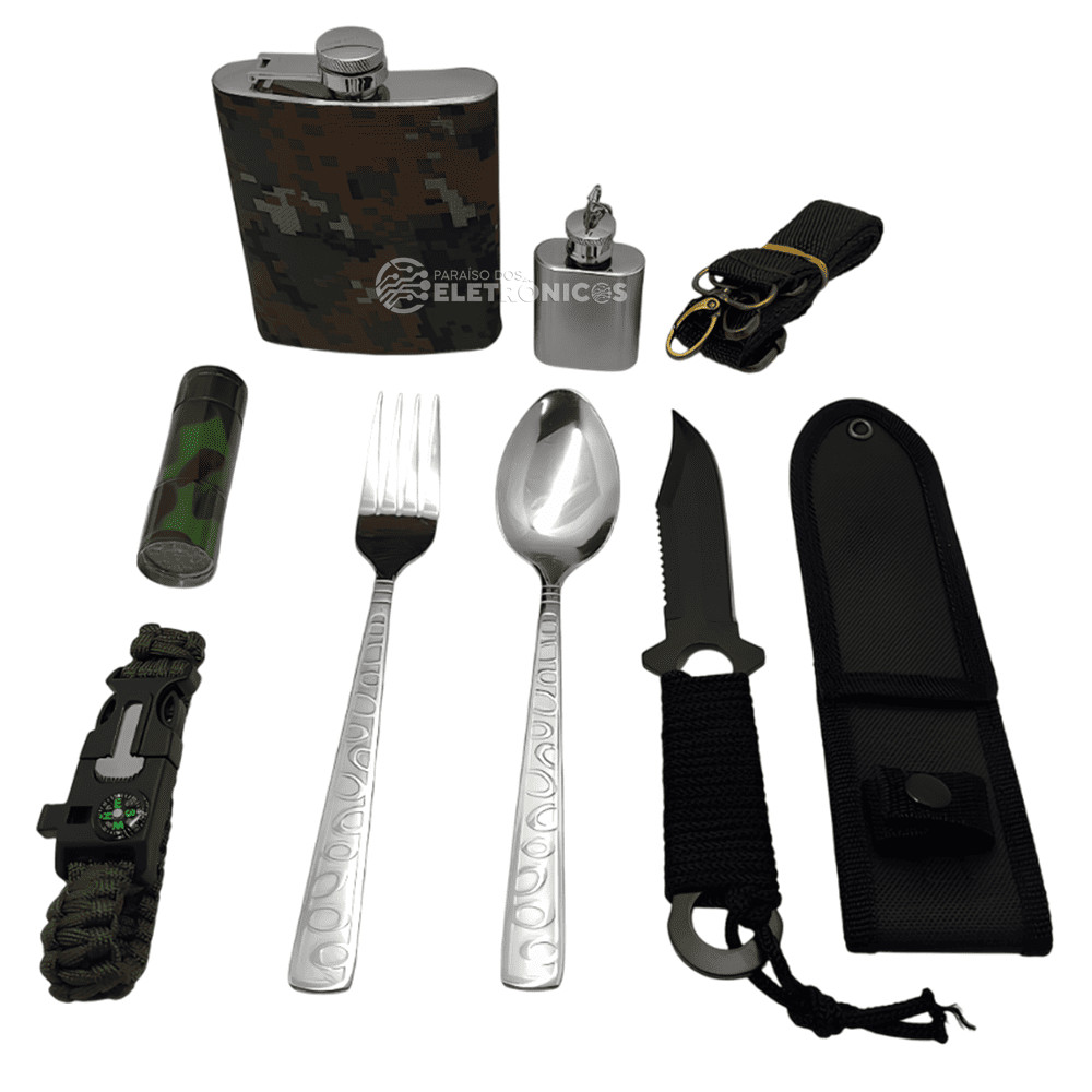 Kit Completo para Aventuras ao Ar Livre Faca Tática, Cantis e Lanterna em Maleta Compacta LKCD28