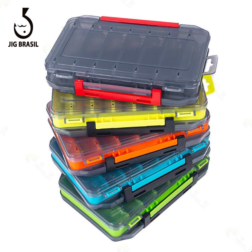 Uma caixa de pesca de duas faces para o armazenamento portátil de anzóis, iscas e outros acessórios de pesca.