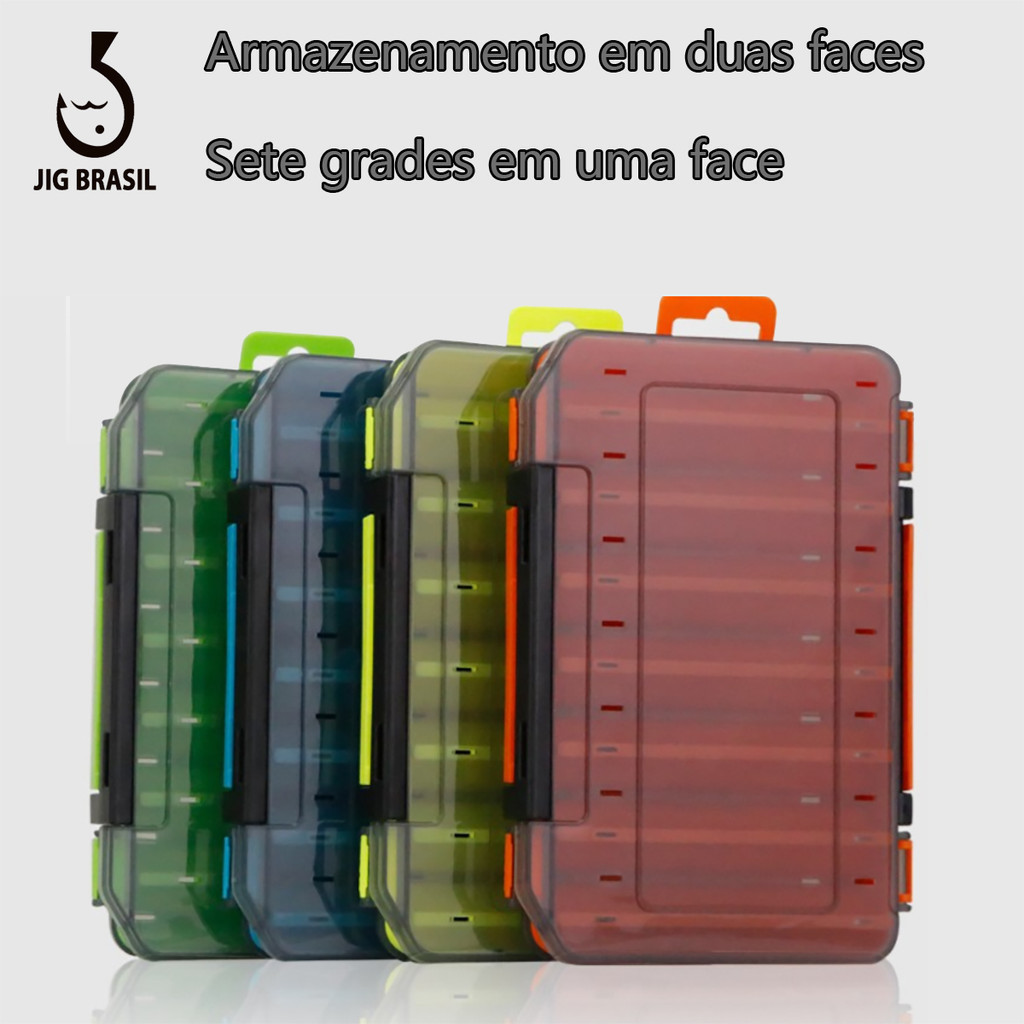 Uma caixa de pesca de duas faces para o armazenamento portátil de anzóis, iscas e outros acessórios de pesca.