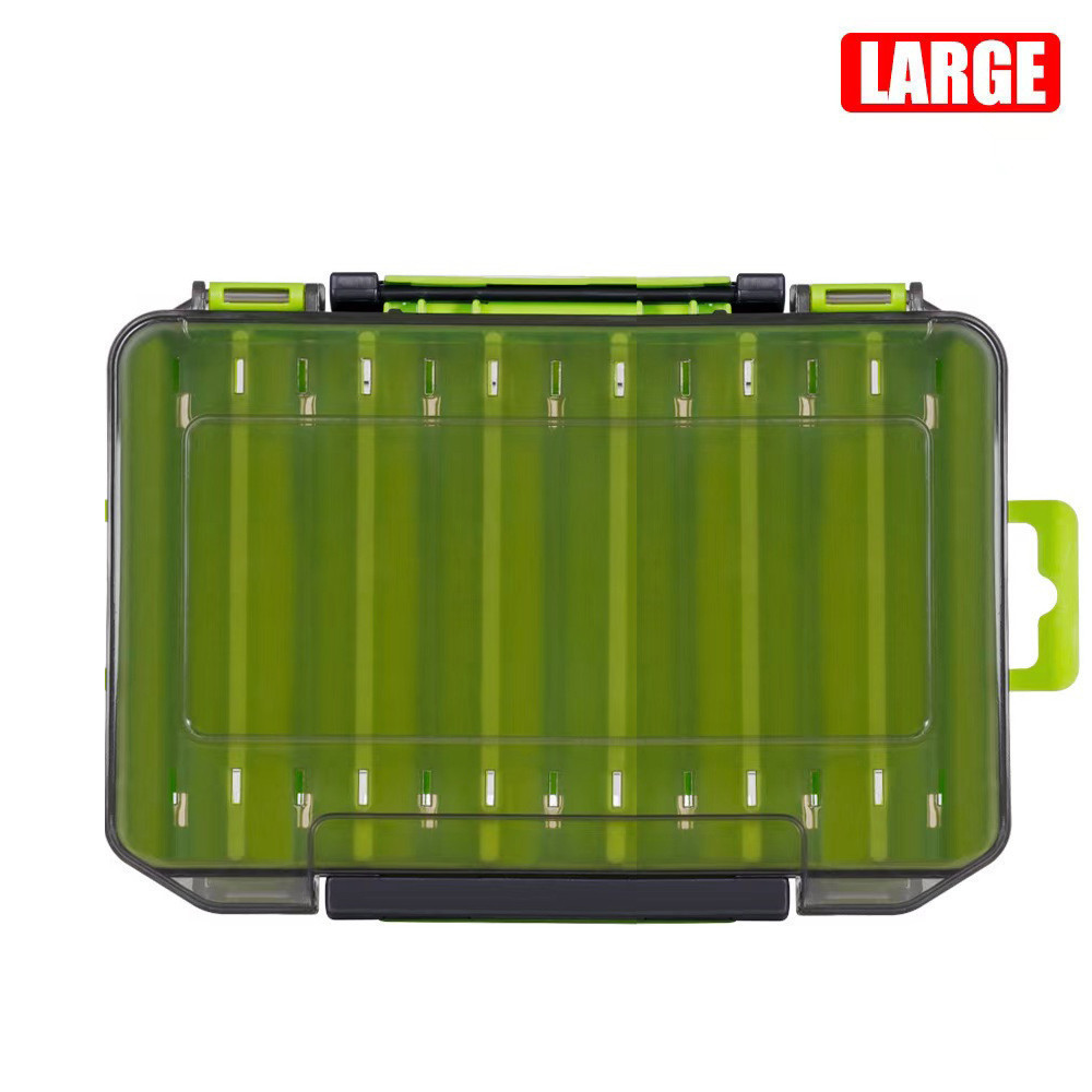 Uma caixa de pesca de duas faces para o armazenamento portátil de anzóis, iscas e outros acessórios de pesca.