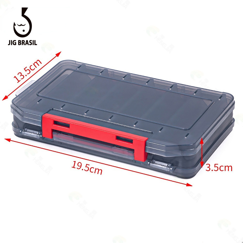 Uma caixa de pesca de duas faces para o armazenamento portátil de anzóis, iscas e outros acessórios de pesca.