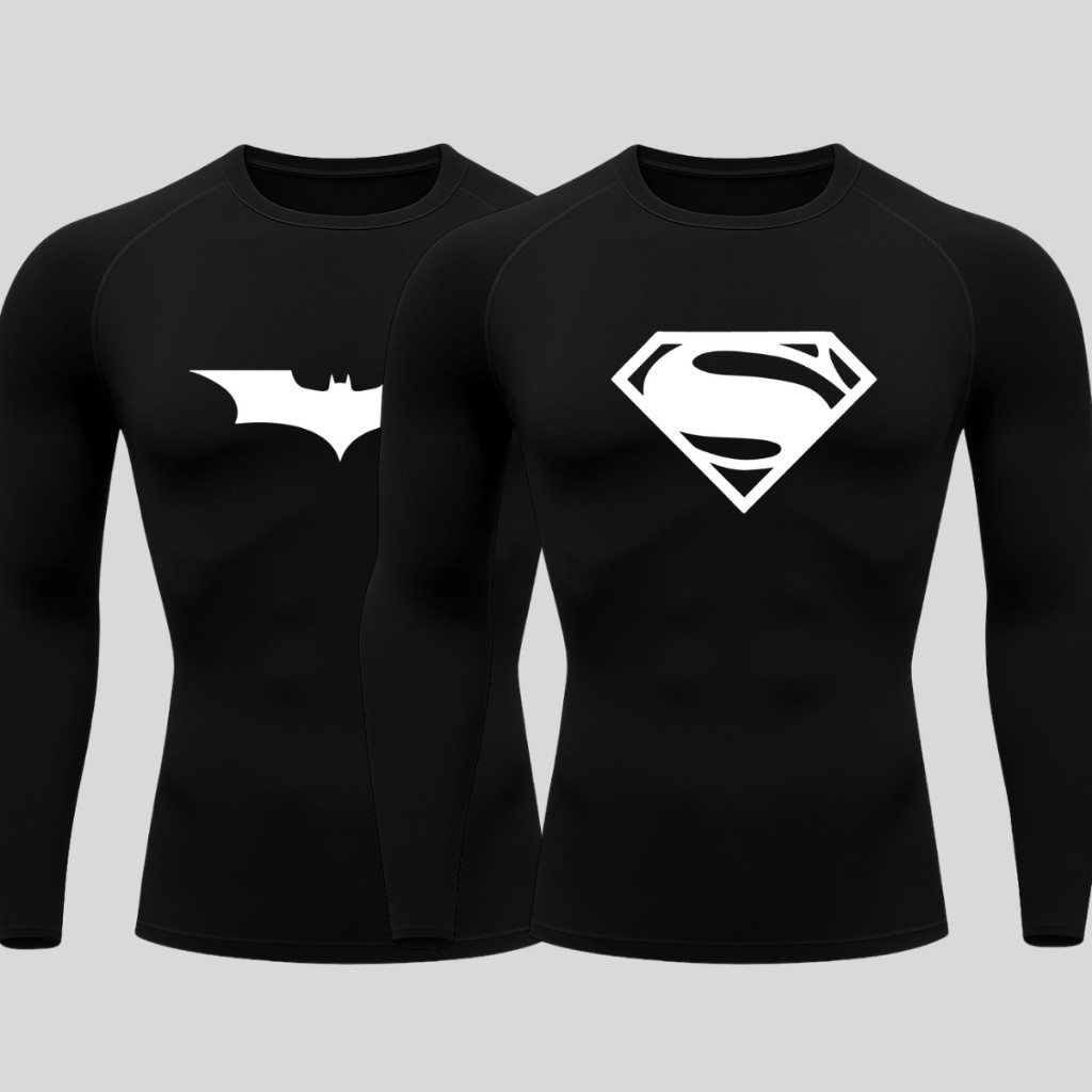 Kit 2 Camisetas Compressão Manga Longa Heróis Batman e Homem Aranha Camisa Proteção UV Masculina