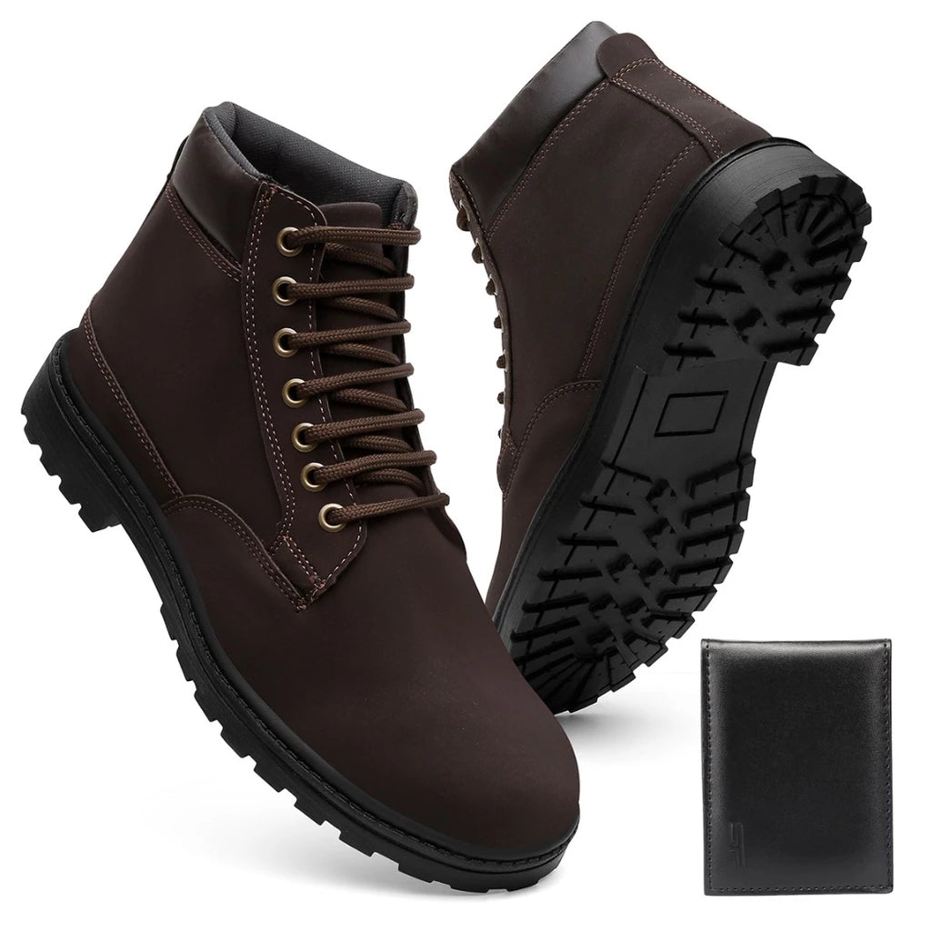 Bota Coturno Masculino com Cadarço Solado Borracha Anti Derrapante Couro Ecológico + Brinde Carteira Preta Básica