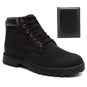 Bota Coturno Masculino com Cadarço Solado Borracha Anti Derrapante Couro Ecológico + Brinde Carteira Preta Básica