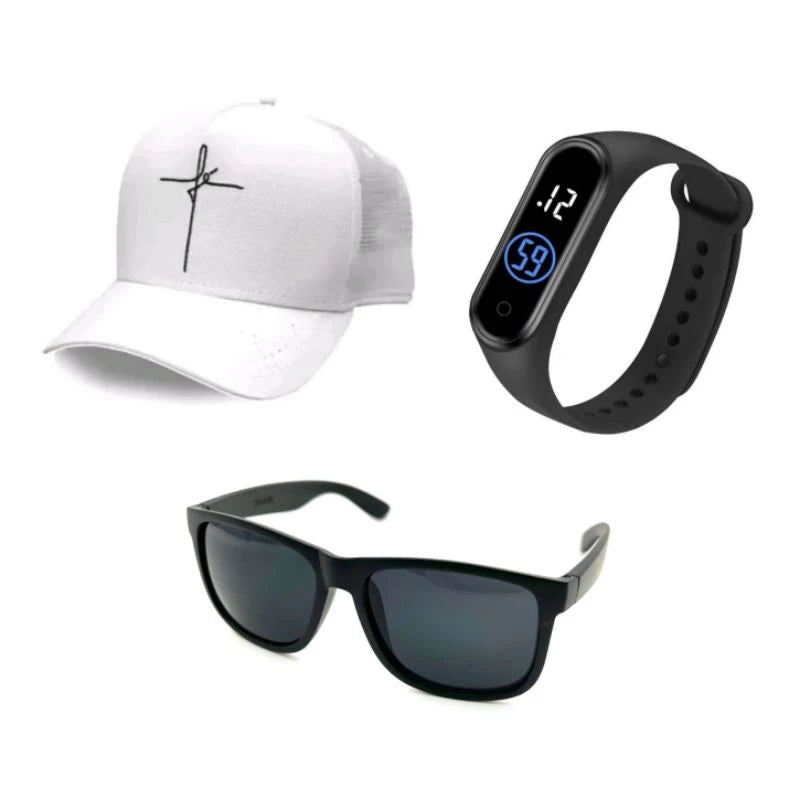 Óculos de Sol Masculino Clássico + Boné Fé+ Relógio Esportivo Você Escolhe a Cor