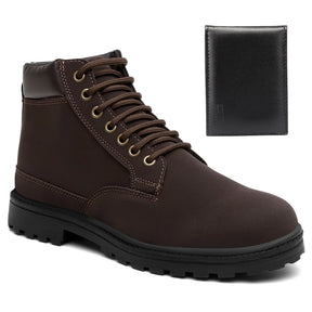 Bota Coturno Masculino com Cadarço Solado Borracha Anti Derrapante Couro Ecológico + Brinde Carteira Preta Básica